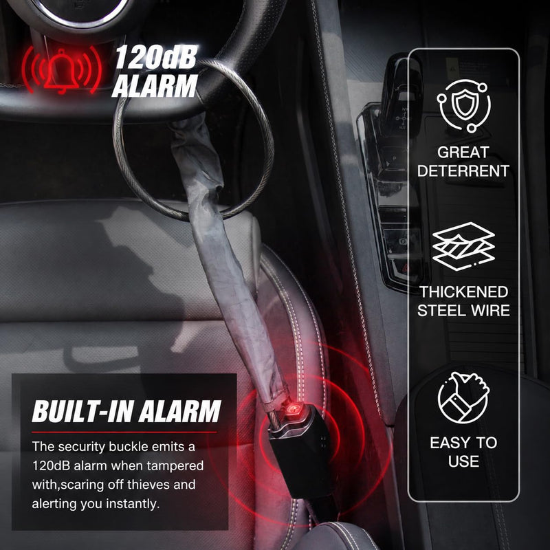 Car Steering Wheel Lock with Alarm/Keys Seat Belt Lock Anti-Theft Device | Universal Compact Lightweight Theft Prevention Security Lock for Vehicles Trucks SUVs Golf Carts RV Vans