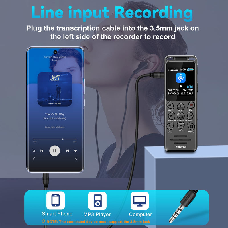 Digital Voice Recorder with Playback, Volorful 80H HD Recording Device | External Microphone, AI Noise Reduction, One Touch Recording/Lock, Voice Activated, Password, Lecture Meeting Interview Class 32.0 GB