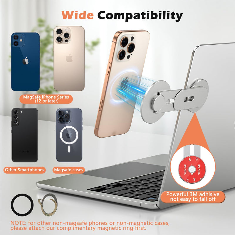 Magnetic Phone Holder for Laptop, Adjustable Computer Monitor Side Mount for iPhone 17/16/15/14/13/12 MagSafe for Tesla, Slim Portable Foldable Cell Phone Holder, Silver