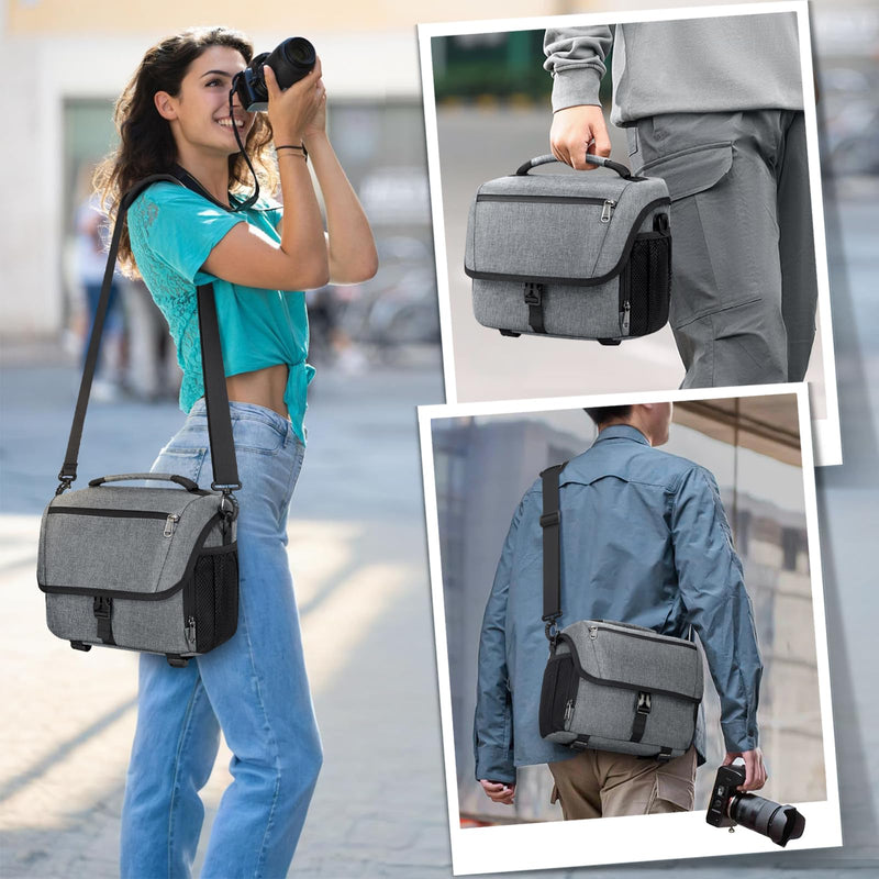 RAINSMORE Camera Bag, DSLR SLR Mirrorless Camera Case for Photographer | Waterproof Camera Sling Bag with Rain Cover & Tripod Holder Soft Padded Crossbody Camera Bag for Sony Canon Nikon Fujifilm Grey M