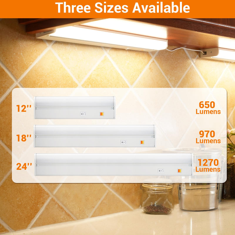 Dawnrise 18" Hardwired Under Cabinet Light,Linkable,970 Lumens,3 Color Selectable,Brightness Adjustable,Under Counter Lights for Kitchen,Wide Luminous Surface,White Finish,Metal Base(1 Pack) 1 Pack 18 Inch