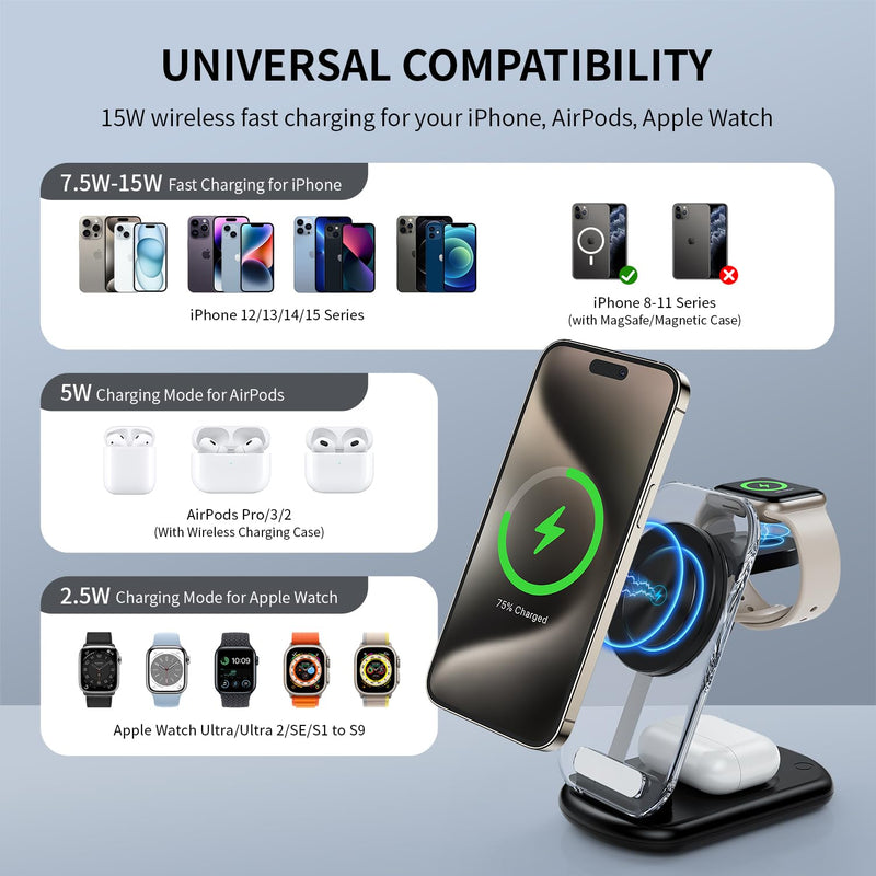 2024 Version 3 in 1 Wireless Fast Charging Station for iPhone Apple Watch,Foldable Charger Stand Dock Multiple Devices for 15/14/13/12,iWatch Ultra/SE/9/8/7/6/5/4/3/2/1, Air Pods 3/2/Pro (White) white