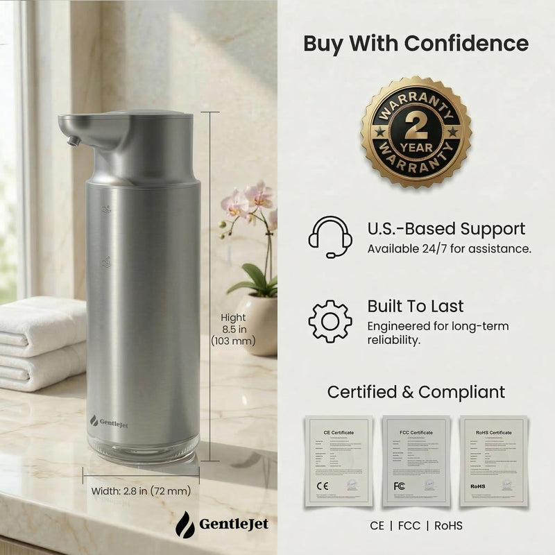 CrystalJet Automatic Foam Soap Dispenser – Stainless Steel, Touchless Sensor, USB-C Rechargeable, Waterproof, Modern Bathroom & Kitchen Sink, 300 ml Silver