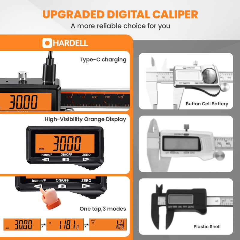HARDELL Digital Caliper, Rechargeable Caliper Measuring Tool with Large Orange Screen (Non-Backlit) (12 Inch) 12 Inch