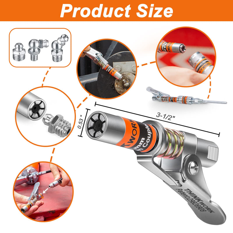 THINKWORK Grease Gun Coupler, 0.53" Grease Gun Tips, Strong Lock on Greases Gun Couplers, 12000 PSI Quick Release Grease Coupler, Compatible with All Grease Guns 1/8" NPT Grease Gun Fitting 12000PSI Upgraded Grease Gun