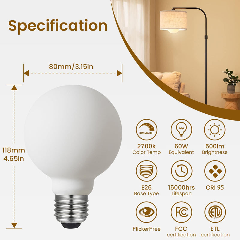 Liii&ARTMAN LED Light Bulb G25/G80 Dimmable Flick-Free Matt Porcelain White 120V 6W 2700K CRI95 High Color Accuracy Light Globe, 550LM, 55W Equivalent Edison Bulb 4-Pack Opal 2700k E26