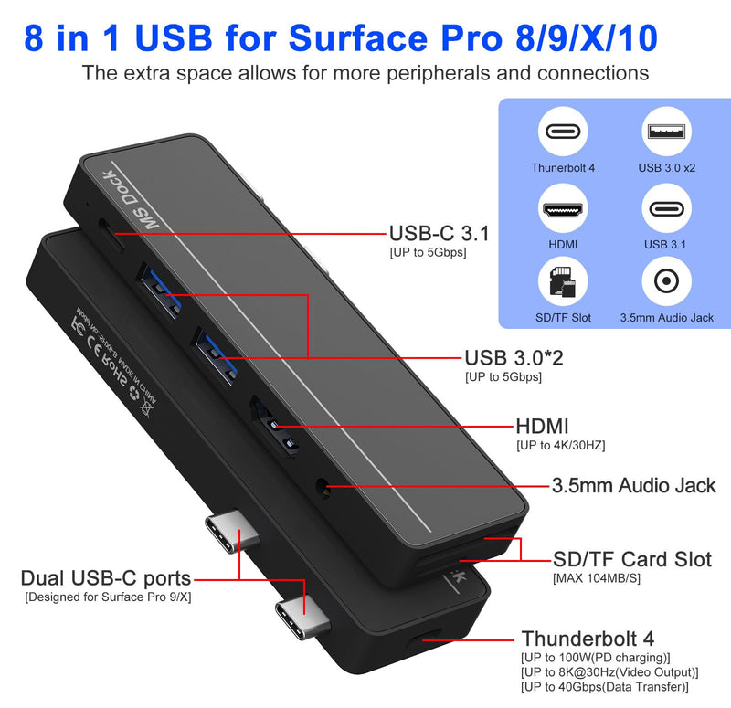 Surface Pro 8/9/X/10 Dongle - Surface Pro 9 Adapter with 4K HDMI, Thunderbolt 4 (8K@30Hz Video+40G Data+100W PD), USB 3.0, SD/TF Reader, 3.5mm Audio Microsoft Surface Pro 9 Docking Station Hub SHX5B-C