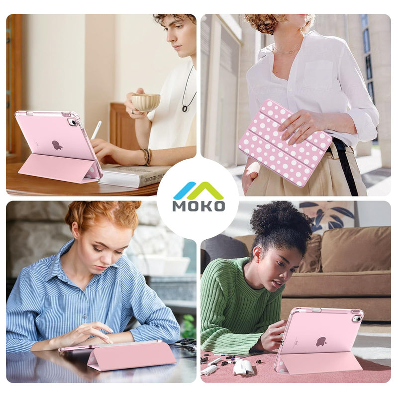 MoKo Cute Case for iPad A16 11th/10th Generation, Pink Polka Dot | For iPad 10.9/11-Inch Case with Pencil Holder 2025/2022, Trifold Cover with Hard PC Translucent Back Shell for Girls Women A-Polka Dot Pink