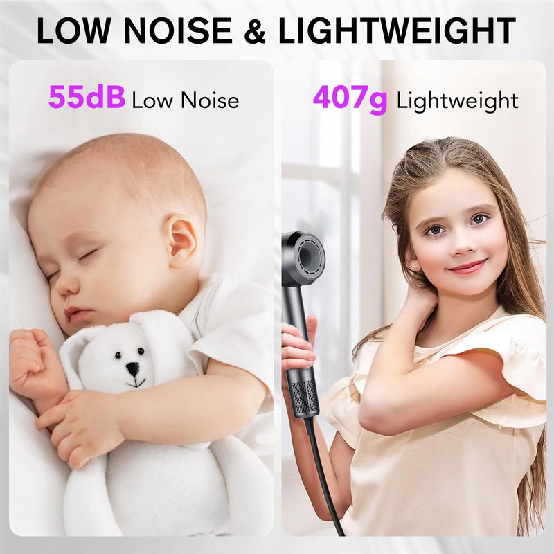 Aowoka High-Speed Hairdryer 110,000 RPM Ionic Hair Dryer with 3 Speed 3 Heat Setting，Hairdryers with Diffuser and Concentrator Nozzle for Women Man Gray