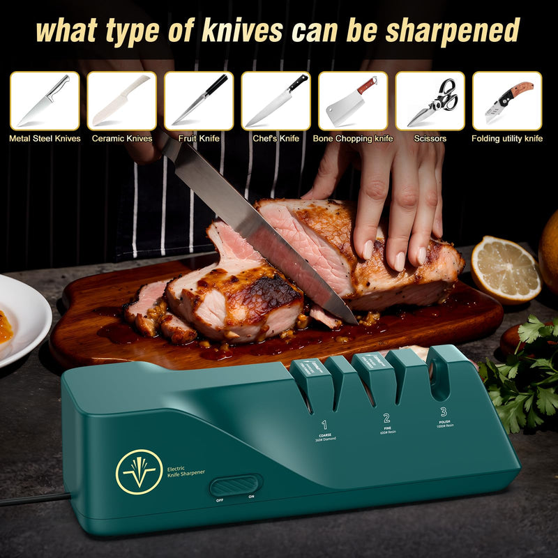 Knife Sharpener, Diamond Abrasives Electric Knife Sharpener for Stainless Steel and Ceramic Knives, with Dust Collection Box, Quick Sharpening & Polishing