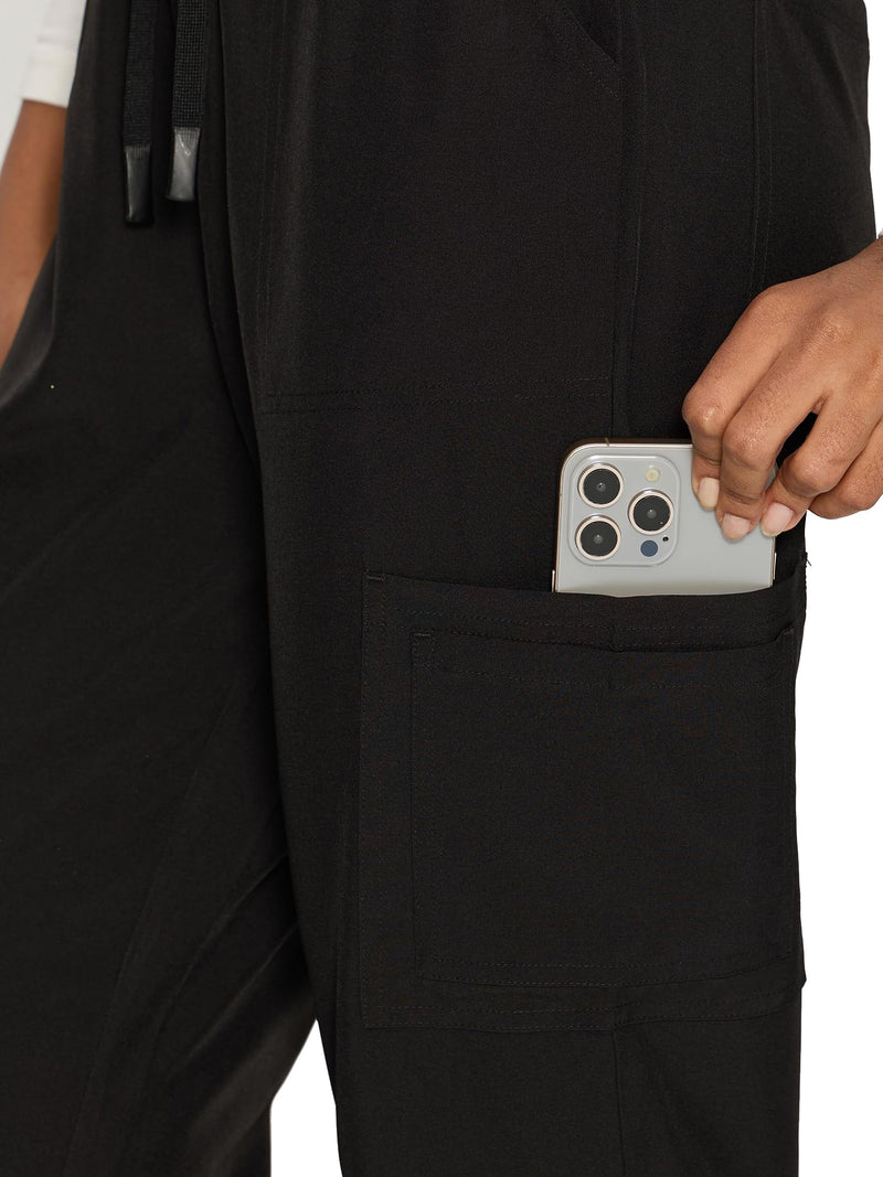 floralhue Scrubs for Women, V-Neck Scrubs Top & Cargo Pants with 12 Pockets, Yoga Waistband, 4 Way Stretch Large Black