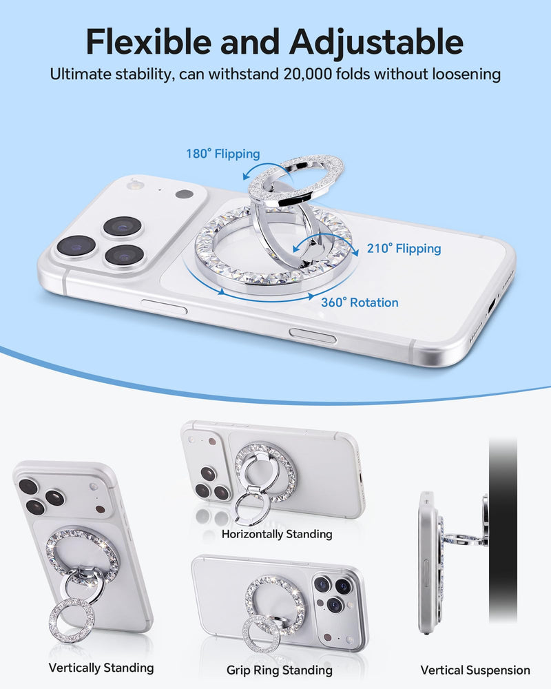 Magnetic Phone Ring for MagSafe Phone Grip, Super Magnet, Stylish Ring Holder Stand with for iPhone 17 16 15 14 13 12 Pro Max Air, Mag Safe Women Decor Accessories, Glitter Silver 2026