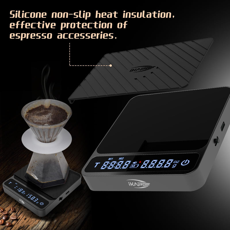 IKAPE Digital Coffee Scale, Premium Aluminium Espresso Scales with Timer, 2kg/0.1g High Precision Rechargeable Drip Espresso Scale with Tare Function, LED Display(Black) Black Pro