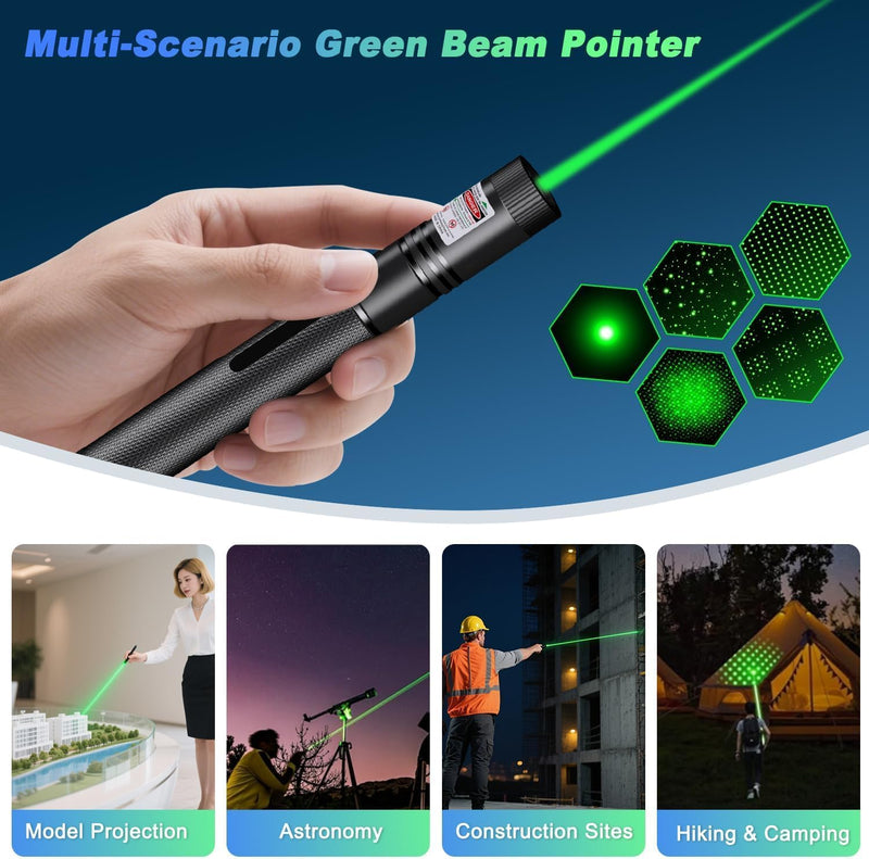 Green USB Rechargeable Laser Pointer, Single Beam, Removable Star Cap for Astronomy Green