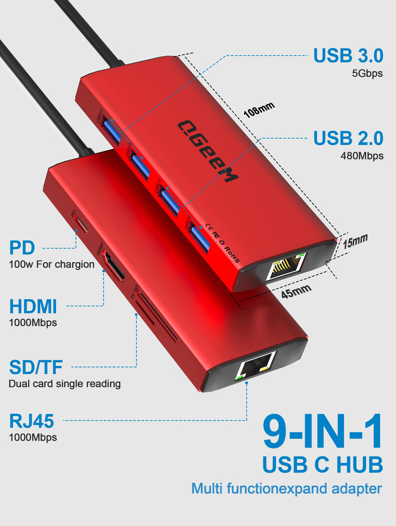 QGeeM Laptop Docking Station with HDMI 4K, 9 in 1 USB C Hub, 1000Mbps LAN, 100W PD, USB 3.0/2.0, SD/TF Card Reader, USB C Dock Compatible with iPhone 15/Mac/Dell/HP/Surface/Steam Deck-Red red