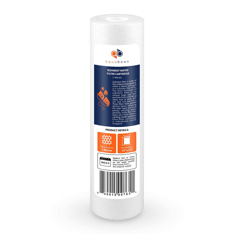 Aquaboon 1 Micron Whole House Sediment Filter 10 x 2.5 for RO & Well Water Filters Replacement Cartridges Compatible with AP110, WHKF-GD05, 6 Pack 6-PACK