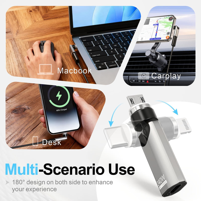 240W 360° Rotatable Magnetic USB-C Adapter 2Pack for Mac/iPad/Samsung | 180° rotation, anti-wear dustproof, 240W fast charging, for iPhone 17/16/15, MacBook Pro/Air, iPad, Samsung, Laptop, Tablet