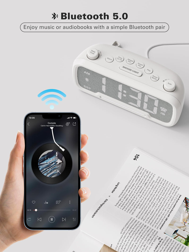 Mesqool Alarm Clock with Bluetooth Speaker, FM Radio, Alarm Clock for Bedroom with USB Chargers, Dimmer and 12/24H,Snooze,Battery Backup, Plugged in Clock Radio for Adult Kid White