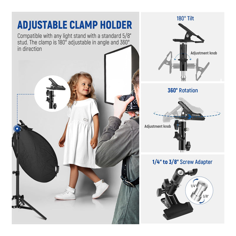 NEEWER 22"/56cm Light Reflector with Clamp & Hand Grips, 5 in 1 Collapsible Multi Disc Photography Reflector Translucent/Silver/Gold/White/Black with 3/8" Thread for Studio Outdoor Lighting, RF-56II 56cm w/Clamp