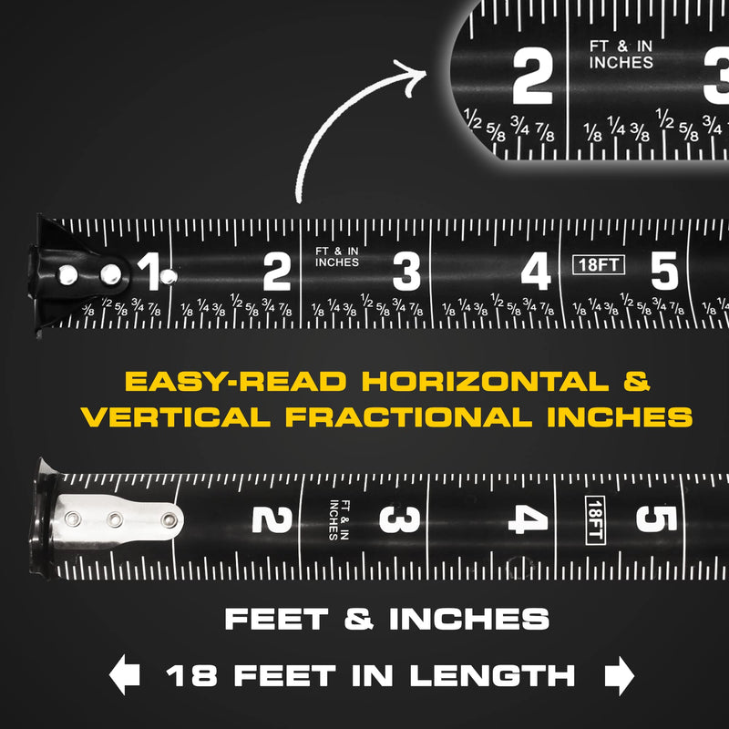 Perfect Measuring Tape - BrightLine High Contrast Dark Mode Easy Read Tape Measure for Low Light Visibility - Heavy Duty Rubber Case 18ft (Inch Fractions) Dual Sided Auto Lock Tape Measure Retractable Black