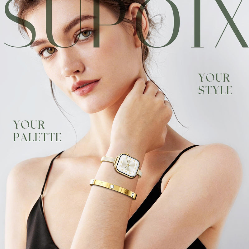 SUPOIX Bands for Apple Watch Women – Elegant Two-Tone Dressy Band | Slim Metal+Silicone Bracelet Strap for iWatch Series 11/10/9/8/7/6/5/4/SE/3/2/1-(38 40 41 42mm/44 45 46 49mm) Gold + Beige 38mm 40mm 41mm 42mm(Series 11/10)