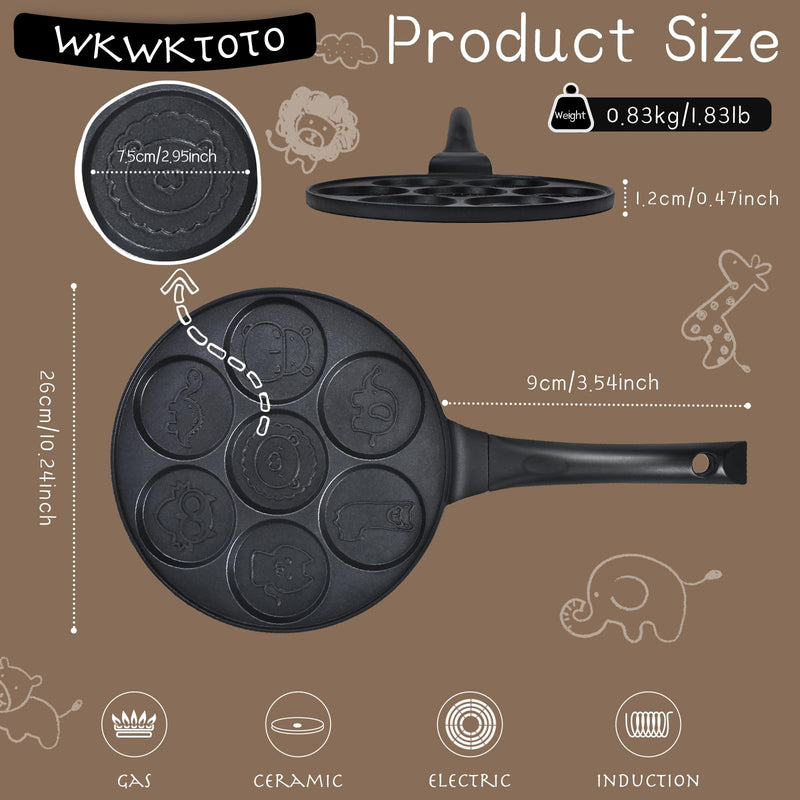Pancake Maker Egg Frying Pan Suitable for All Stovetops & Induction Cooker, 10.5 Inch Animal Pancake Pan, 7 Molds Pancake Maker with PFOA Free Coating Black