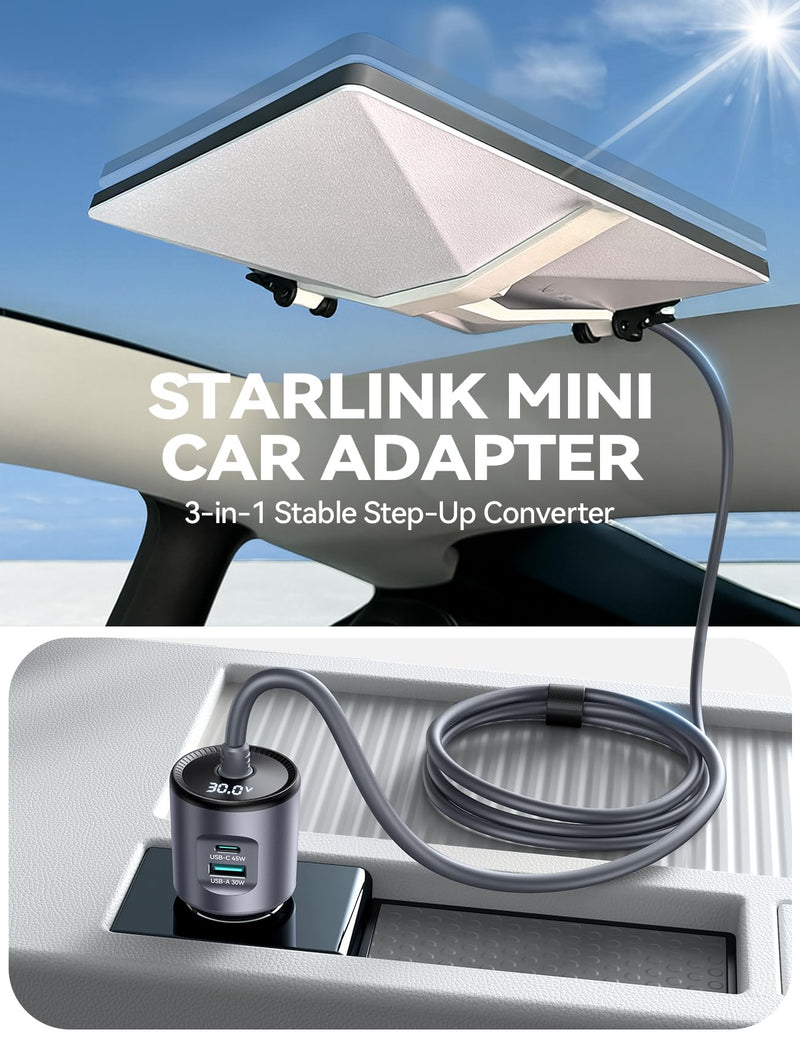 JOYROOM Starlink Mini Car Adapter, 12V-24V to 30V DC Step-Up Converter | 30V Step-Up, Ultra Stable, No Reboot, Digital Voltage Display, 3-in-1 w/ Dual-Port USB Fast Charging for Car, RV, Truck, Boat Grey