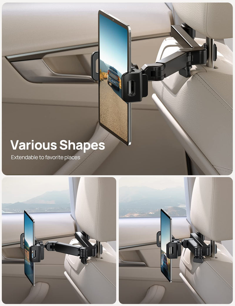 iPad Holder Car Headrest - [Stretchable Arm] 2024 Adjustable Tablet Mount for Car Backseat, Travel Road Trip Essentials for Kids, for iPad Pro, Air, Mini, Samsung Tab, 4.7-11” Device - Black