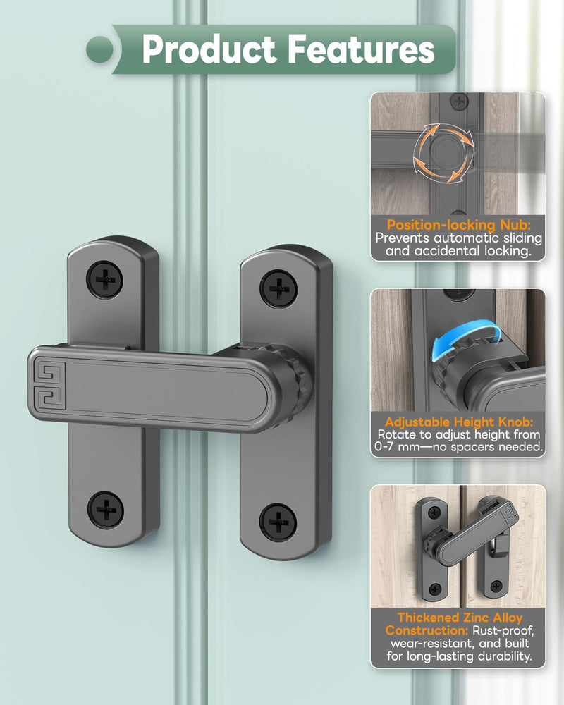 Adjustable Barn Door Locks, 90/180 Degree Sliding Door Latch, Protect Home Security Gate Latch for Bedroom, Barn, Cabinet, Garden, Fence (Grey-2 Pcs) Grey-2 Pcs