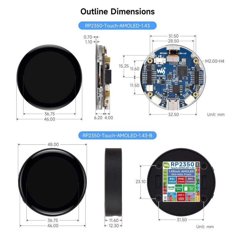 Waveshare RP2350 1.43inch AMOLED Display Development Board, 466×466, SPI Interface Round Display, Onboard Accelerometer and Gyroscope Sensor, RTC Chip