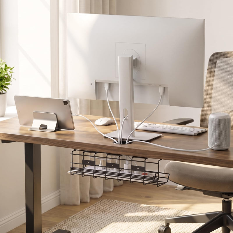 DELAMU 1 Pack Under Desk Cable Management Tray, Black | Metal Wire Organizer for Desk, Easy Install Pre-drilled, Holds 15lb, Wire Management Wire Organizer, For Office & Home