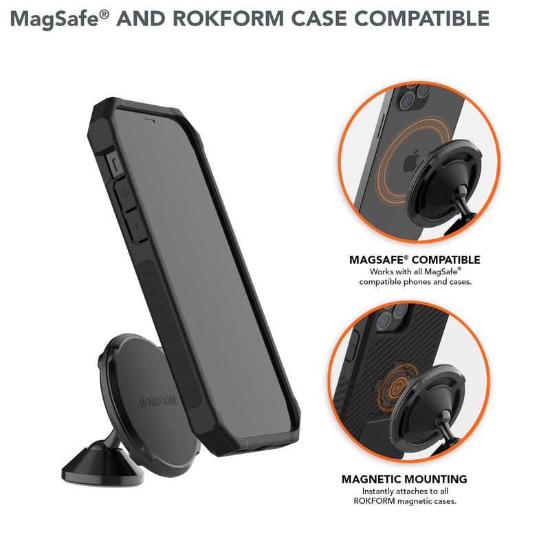 Rokform Dual Magnet Swivel Dash Mount, Adjustable & Aluminum (Black) | Compatible with Mag Safe Cases, Sticks to Smooth Flat Surfaces