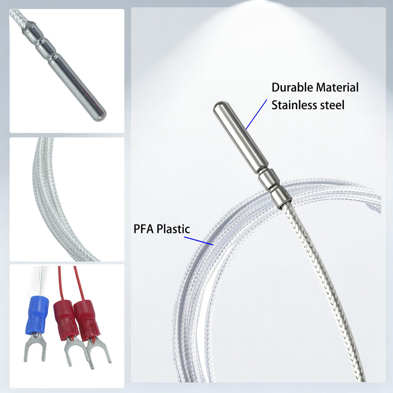 PT100 RTD Temperature Sensor Probe - 3 Wire Stainless Steel Waterproof Temperature Sensor, 59 inch Silver Braided Cable for PID Controller, Brewing, HVAC, Industrial Temperature Monitoring