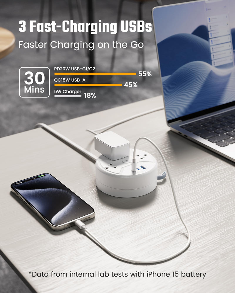 SUPERDANNY Travel Power Strip with 5ft Retractable Extension Cord Portable 3-AC & 3-USB 20W Fast Charging Station for Home Office, Business Travel, Trip, Cruise, No Surge Protector, White