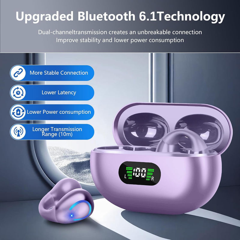 Comfort Clip On Earbuds, Bluetooth 6.1 Open Ear Bone Conduction Headphones, with Digital Display Charging Case Sport Earphones Built-in Mic Waterproof for Running Fitness Exercise, Violet
