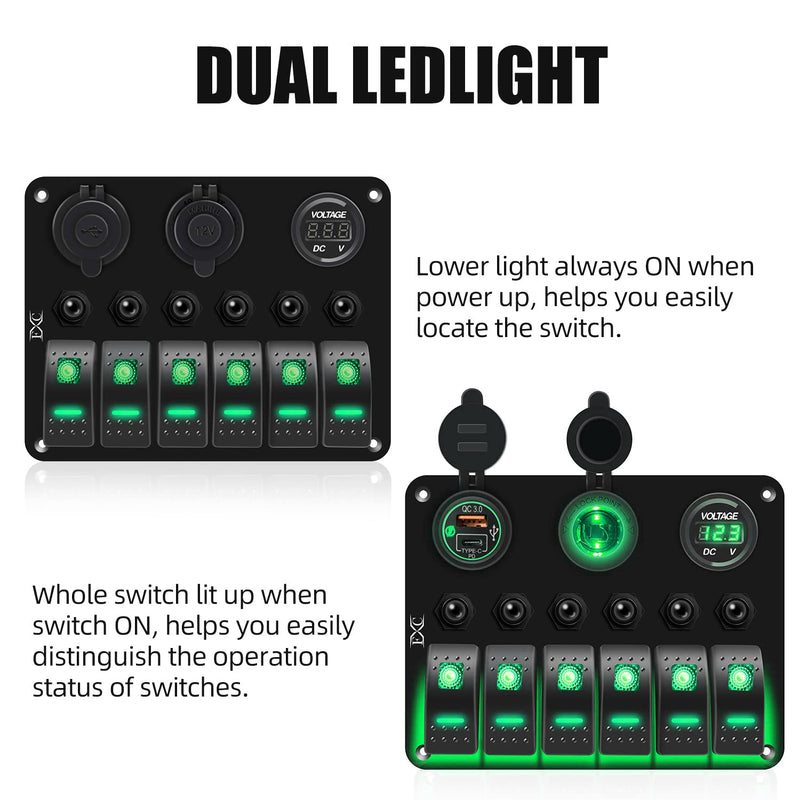FXC Waterproof Marine Boat Rocker Switch Panel 6 Gang with QC3.0 USB & Type-C Slot Socket + Cigarette Lighter +LED Voltmeter with Overload Protection for Car Rv Vehicles Truck (6 Gang Green LED)