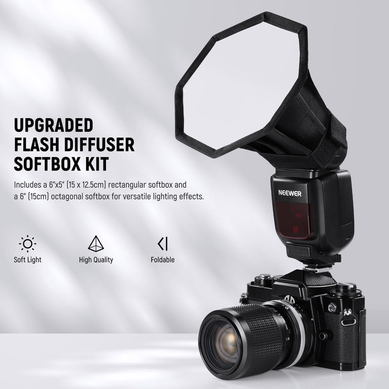 NEEWER Upgraded Flash Diffuser Speedlight Softbox Collapsible 2 Pack, (5.9"/15cm Octagon, 6"x5" Rectangular) for Z2 Z1 V1 Round Head Flashes and Compatible with Godox Sony Nikon Canon Flash, NS5P