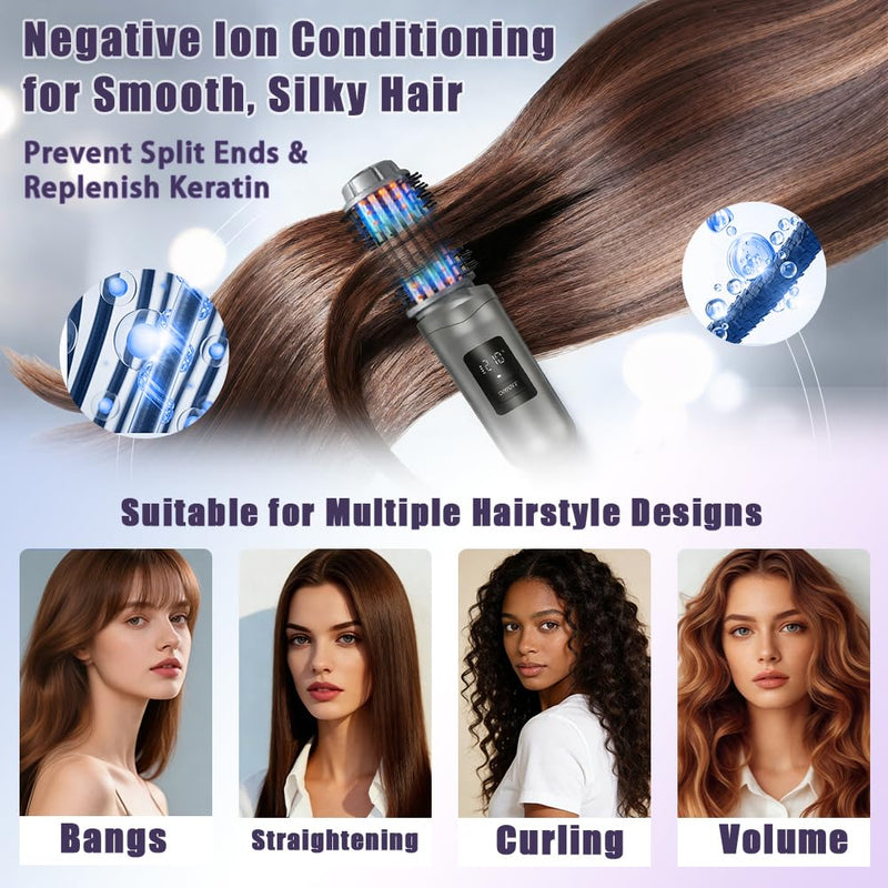 Cordless Hair Curling Iron Brush Rechargeable Battery-Powered, 3-in-1 Portable Hot Straightener Curling Comb 3 Temperature Settings with LCD Display White