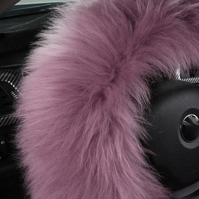 3Pcs Set Fashion Fluffy Fuzzy Wool Fur Soft Car Steering Wheel Cover with Handbrake Cover & Gear Shift Cover for Women/Girls/Ladies Auto Long Wool Accessories Black