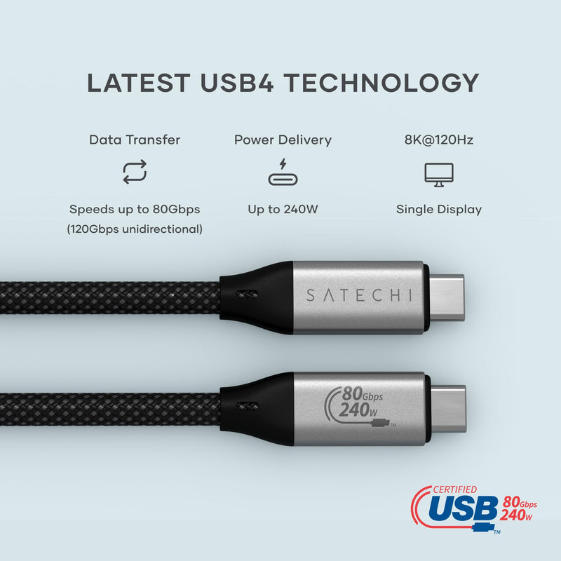 Satechi USB4 V2 Pro Cable, USB C Cable 1.2m/ 3.9ft, up to 120Gbps Data Transfer, 240W Power Delivery, 8K Display, Thunderbolt 5/4/3 Compatible, for MacBook, Windows and More