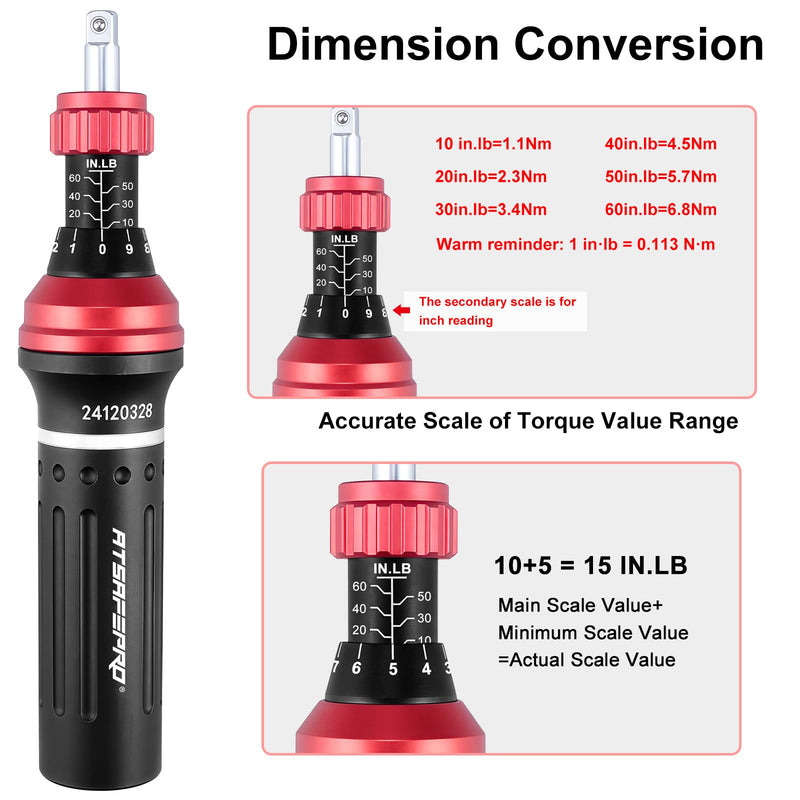 ATsafepro Torque Screwdriver 10-60 in.lb,21 Pcs Inch Pound Torque Screwdriver Set -1/4" Elastic Bit Holder and Bit Holder, Buckle Clamp, Flat, Hex, Torx, Philips, Fit for Bicycle, Tool Maintenance Mechanical - 10-60 in.lb/1.1-6.8 Nm