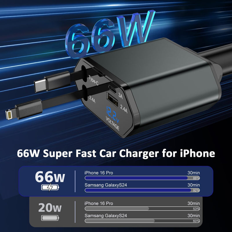 66W 4 in 1 Retractable Car Charger,2Pack Car Charger USB Fast Charge with Dual Retractable USB C Cable and Lightning Cable,USB C Port and USB A Port Charging Compatible with iPhone 17/16/15/14/13/12