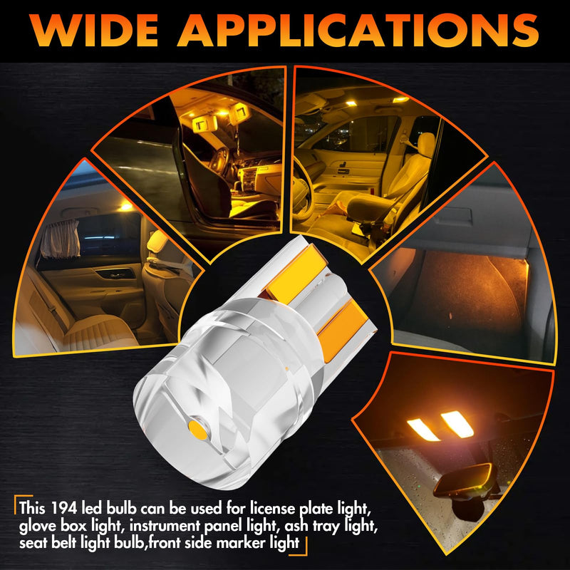 Alopee 30 Pack 194 Led Bulb Amber Acrylic T10 Amber Led Bulb DC 12V Car Interior Lights for 194 168 T10 2825 W5W Gauge Cluster Marker Dome Light