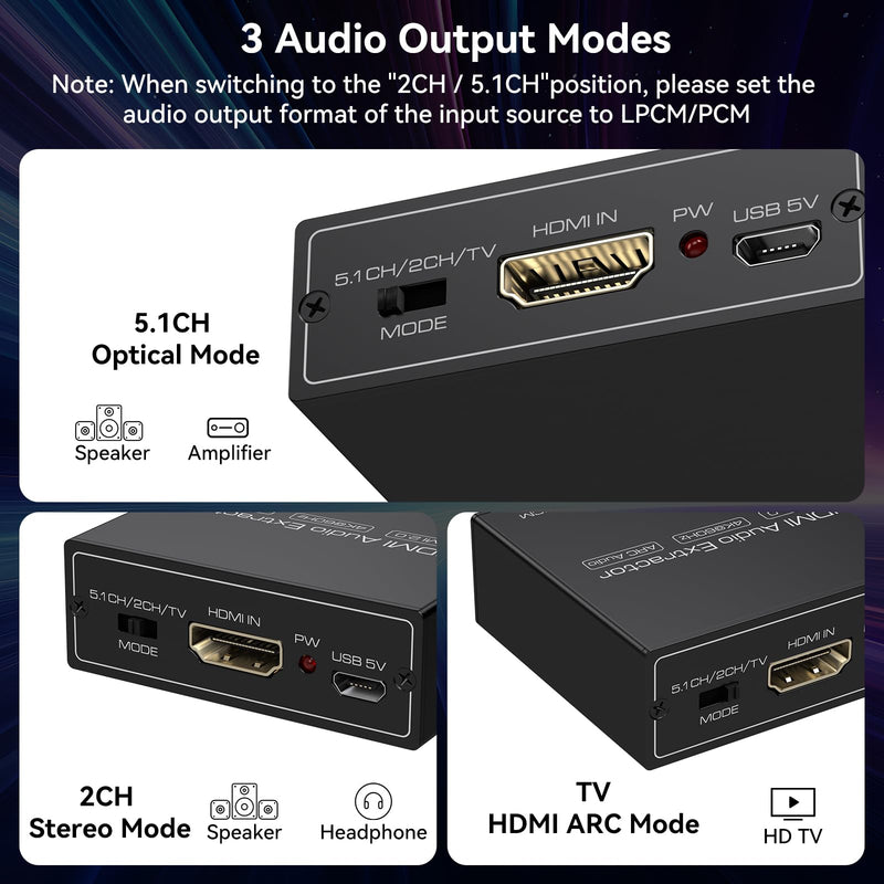 HDMI ARC Audio Extractor 4K60Hz HDMI to Optical/SPDIF 3.5mm AUX Audio Adapter Converter Splitter Support LPCM 5.1/DTS/DSD for Laptop/TV Box/DVD/PS5 BLACK