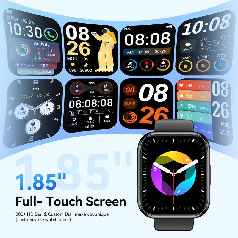 Smart Watch for Men - 1.85" HD 2026 Upgraded Fitness Tracker Bluetooth Call and Text Smartwatch with 7 Day Battery 5 ATM Waterproof Heart Rate Sleep Monitor 130+ Sport Modes for Android & iOS (Black) Black