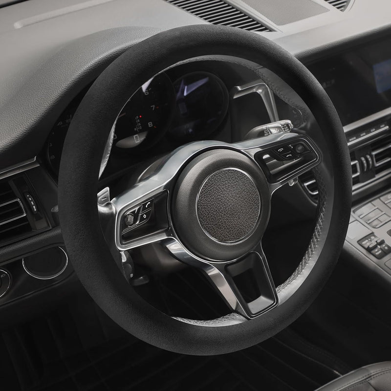 Suede Steering Wheel Cover with Upgraded Silicone Inner Ring, Anti Heat, Breathable, Anti-Slip, Leather Universal 14.5 to 15 inch Steering Wheel Cover (Pure Black) Pure Black