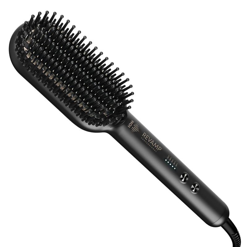 REVAMP Progloss Deepform Hair Straightener Brush - Ceramic, Ionic | Heated Brush Styler, Salon Professional Shine Oils, Ion Jet, Fast Hair Straightening, Smoothing