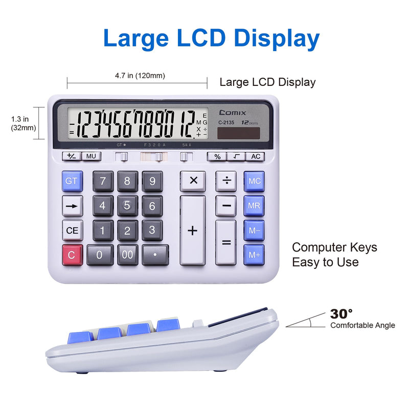 Comix Desktop Calculator Solar Battery Dual Power with 12-Digit Large LCD Display and Large Computer Keys Standard Function Calculator for Home Office School, White(2 Pack) White 2Pack