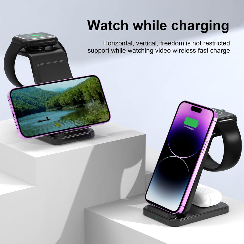 3 in 1 Wireless Charging Station, Fast Wireless Charger for iPhone 17 16 15 14 13 12 Pro Max Plus Air, Charger Stand for iWatch 11 10 9 8 7 6 5 4 3 2 Ultra SE, for Airpods 4 3 2 Pro Purple