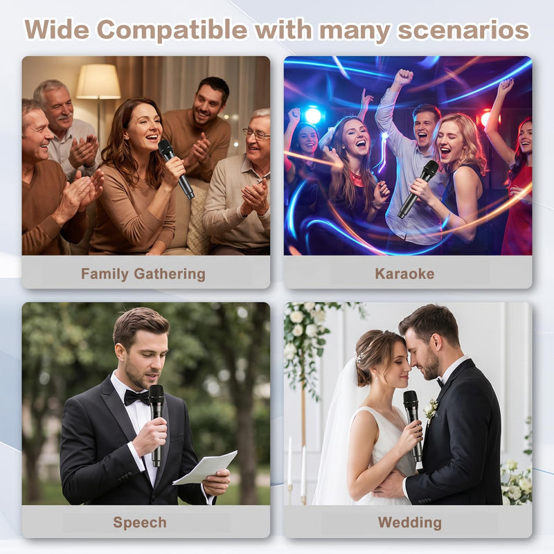 Wireless Microphone, Rechargeable Fixed Frequency Handheld Wireless Mic, Dual Cordless Dynamic Mic with Rechargeable Receiver-160ft Range, Karaoke Microphone for Party Singing Church Speech DJ Wedding Gray